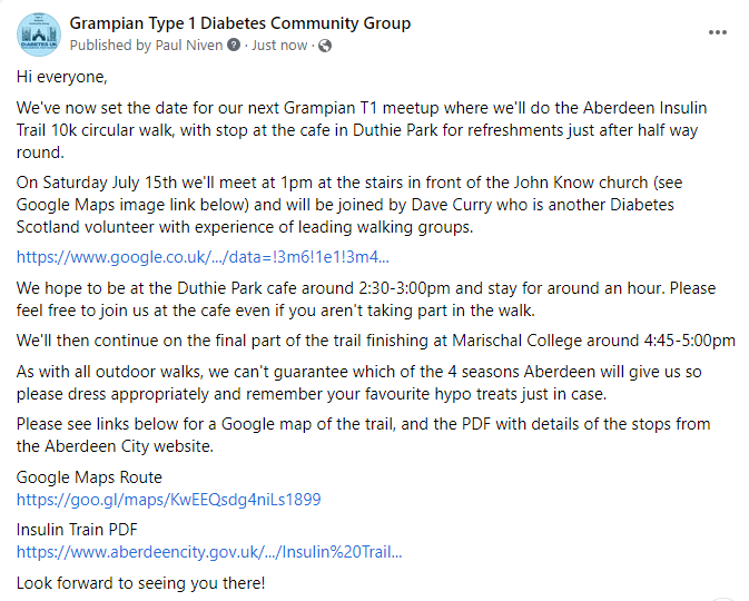 GrampianT1s's tweet photo. Please see details below of next meetup on Sat July 15th at 1pm to do the Aberdeen Insulin Trail 10k walk &amp; Duthie Park cafe.

Route: https://t.co/mKRFYaVqaJ

PDF: https://t.co/8G6tqDoT5S https://t.co/xFKfcyVKSC