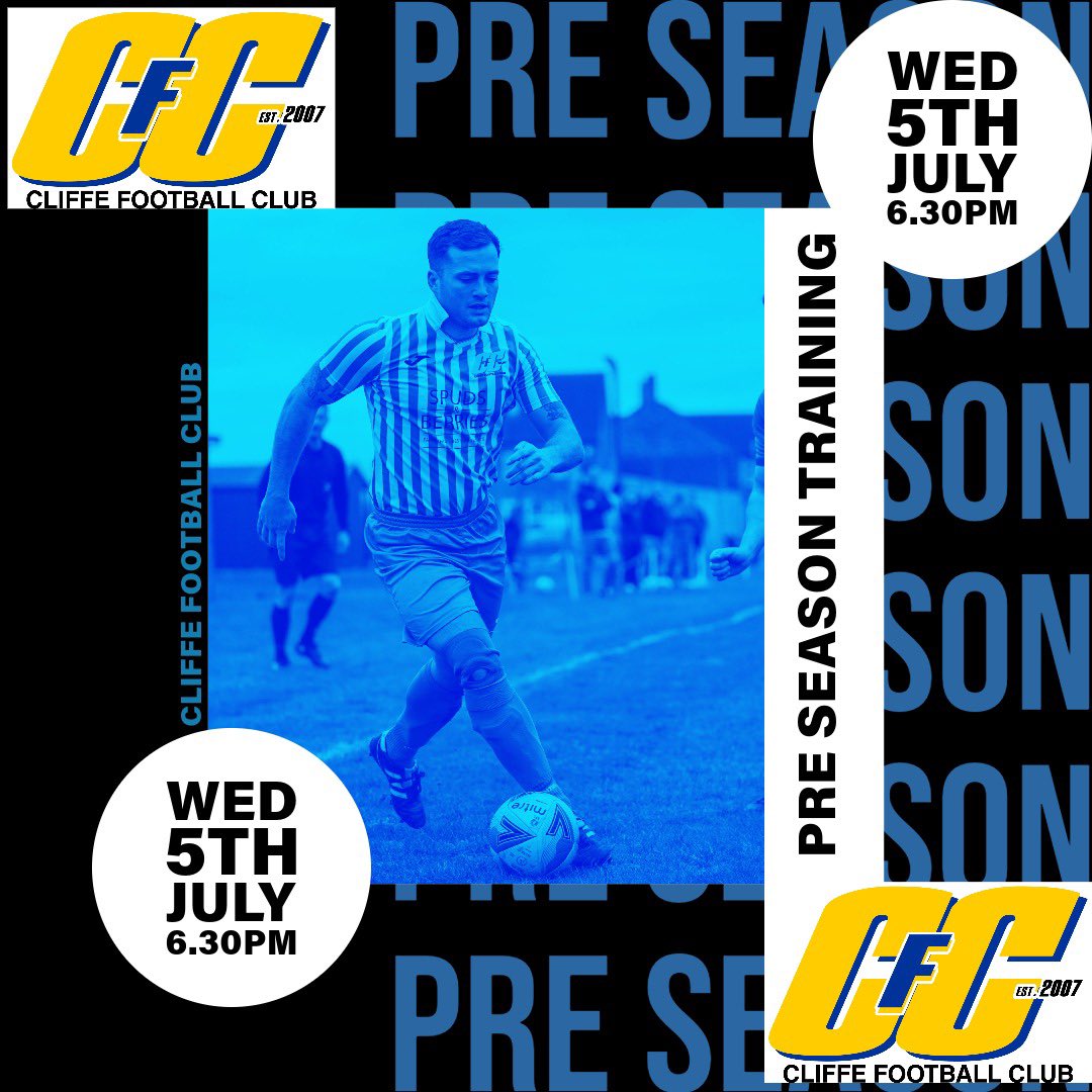 ⚽️ Cliffe FC begin pre-season training this Wednesday evening. 
🏃 Everyone welcome, players old and new!
—
🗓️ Wed 5th July
⏰ 6:30pm
📍 Oxen Lane, Cliffe, YO8 6NS
—
🗣️ Spread the word <a href="/MinsterFootball/">York Football League</a> <a href="/EastRidingFA/">𝗘𝗮𝘀𝘁 𝗥𝗶𝗱𝗶𝗻𝗴 𝗙𝗔</a>