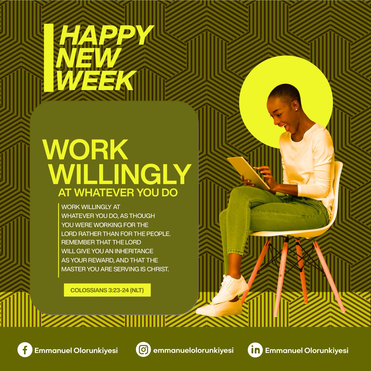 'Embrace the opportunity of a brand new week, filled with endless possibilities and fresh beginnings. Let's make it a week of growth, success, and positivity. 
.
.
.
.
.
.
.
.
#NewWeek #FreshStart #MondayMotivation #workforgood #workwell #julygraphics  #GraphicDesign