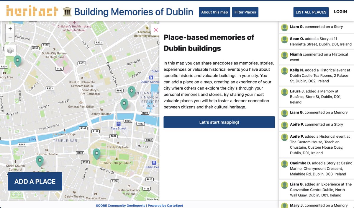 heritactproject's tweet photo. #HeritACT will develop a toolkit that will make it possible to actively participate in the rethinking of cultural heritage. 🌳

#ParticiMap tool, developed by @ucddublin, is a participatory map to enhance dialogue with communities and stakeholders with emerging technology.📍 https://t.co/XjSYZBmjZQ