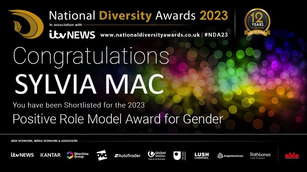 Sylvia Mac @LoveDisFigure – Congratulations to you!! You have been shortlisted for the Positive Role Model Award for Gender at the National Diversity Awards 2023 in association with @ITVNews! Good Luck! #NDA #NDA23 #PositiveRoleModel #Gender