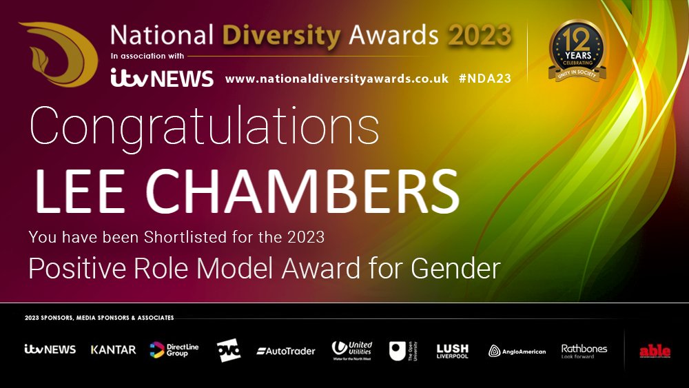 Congratulations to you Lee Chambers @essentialise! You have been shortlisted for the Positive Role Model Award for Gender at the National Diversity Awards 2023 in association with @ITVNews! Good Luck! #NDA #NDA23 #PositiveRoleModel #Gender