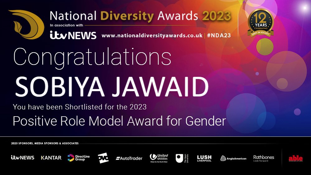 Congratulations to Sobiya Jawaid!! Sobiya has been shortlisted for the Positive Role Model Award for Gender at the National Diversity Awards 2023 in association with @ITVNews! Good Luck! #NDA #NDA23 #PositiveRoleModel #Gender
