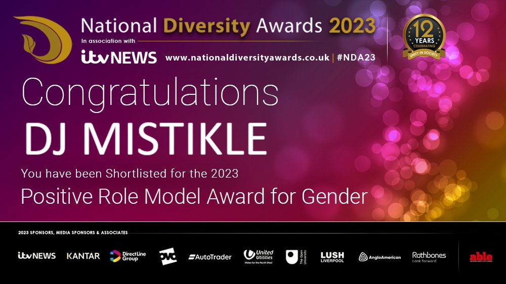 Congratulations to YOU @DJMystikleBlue – you have been shortlisted for the Positive Role Model Award for Gender at the National Diversity Awards 2023 in association with @ITVNews! Good Luck Mystikle! #NDA #NDA23 #PositiveRoleModel #Gender