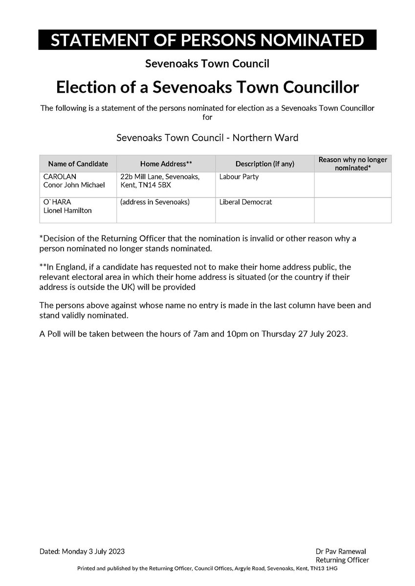 PUBLIC NOTICE FOR NORTHERN WARD RESIDENTS: 

Candidates for Northern ward election now released. 

Mr CAROLAN  (Labour)
Mr O'Hara  (Lib Dems)

Polling will take place between: 7am-10pm on: Thurs 27 July 

#sevenoaks #elections #July #northern