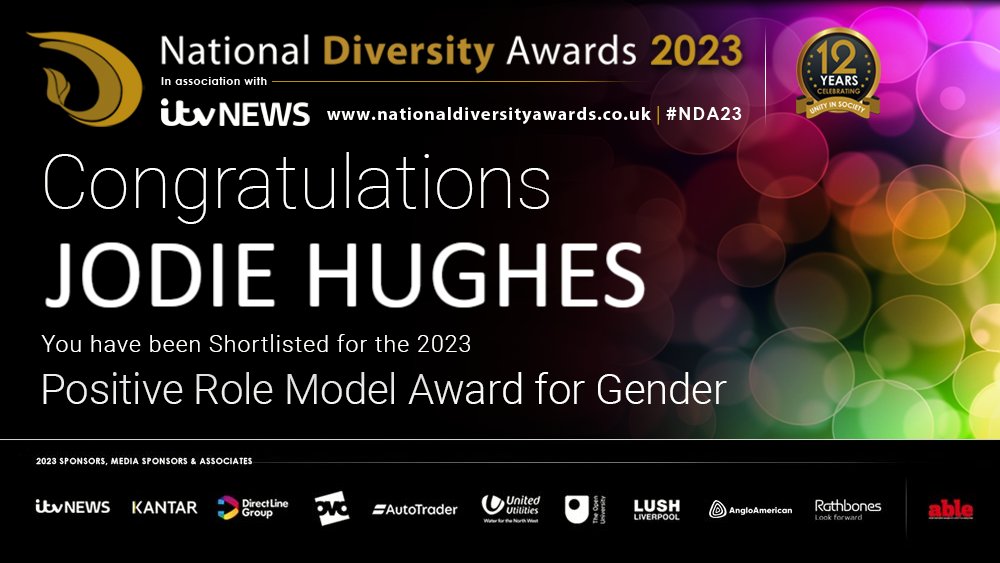 Congratulations to Jodie Hughes @EndoSouthC! Jodie has been shortlisted for the Positive Role Model Award for Gender at the National Diversity Awards 2023 in association with @ITVNews! Good Luck Jodie! #NDA #NDA23 #PositiveRoleModel #Gender