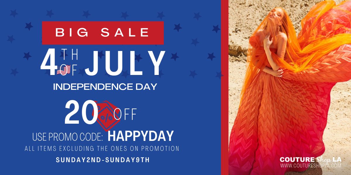 CoutureShopLA's tweet photo. Have a safe, stylish &amp; unforgettable Independence Day!  

Enjoy your shopping  with 20% OFF on all styles except promotion 

Use code: HAPPYDAY (Valid  till Sunday 9th of July).  

#independenceday #4thofjuly #hautecouture #hautecouturedresses #eveningdresses #mnmcouture https://t.co/G4idNWHXwd
