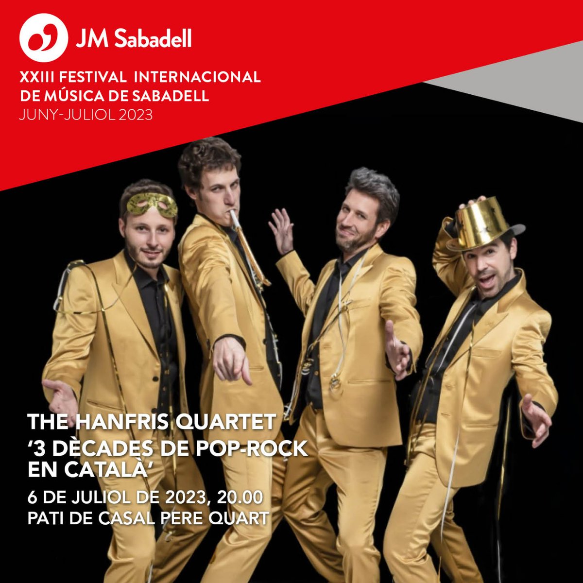 🎶 Una combinació de cançons més que famoses amb un gran sentit de l’humor!
✅ ‘3 dècades de pop-rock en català’ amb The Hanfris Quartet (<a href="/HanfrisQuartet/">The Hanfris Quartet</a>)
📆 6 de juliol de 2023 
📍 Pati del Casal Pere Quart (Rambla 69)
ℹ️ my.mtr.cool/rxetzrndwf