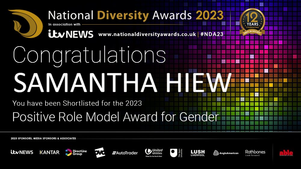 Congratulations to the fantastic Samantha Hiew @adhd_girls! Samantha has been shortlisted for the Positive Role Model Award for Gender at the National Diversity Awards 2023 in association with @ITVNews!! #NDA #NDA23 #PositiveRoleModel #Gender