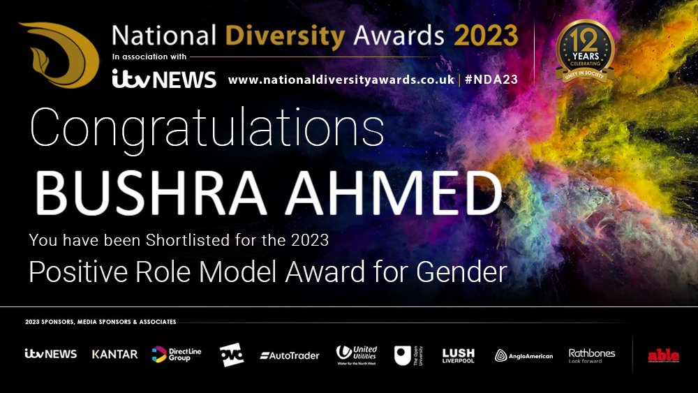 Congratulations to the fantastic Bushra Ahmed! Bushra has been shortlisted for the Positive Role Model Award for Gender at the National Diversity Awards 2023 in association with @ITVNews! Good Luck! #NDA #NDA23 #PositiveRoleModel #Gender