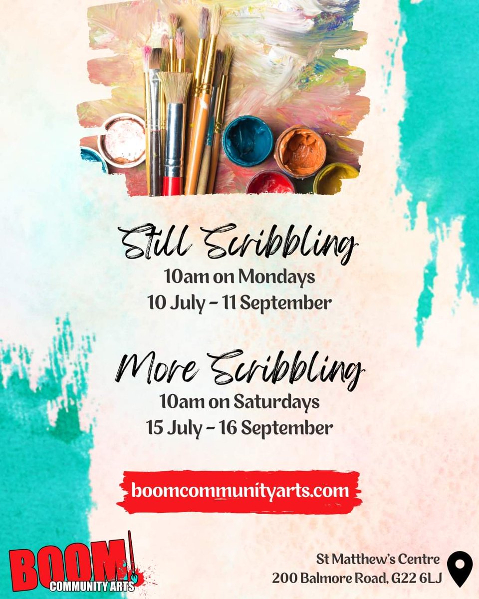 We are back!! Sign up for our FREE art workshops at the lovely St Matthew's Centre on our website: boomcommunityarts.com/events

Still Scribbling with Barry Neeson - Monday 10th July to 11th September.

More Scribbling with Pearl Kinnear  - Saturdays 15th July to 16th September.