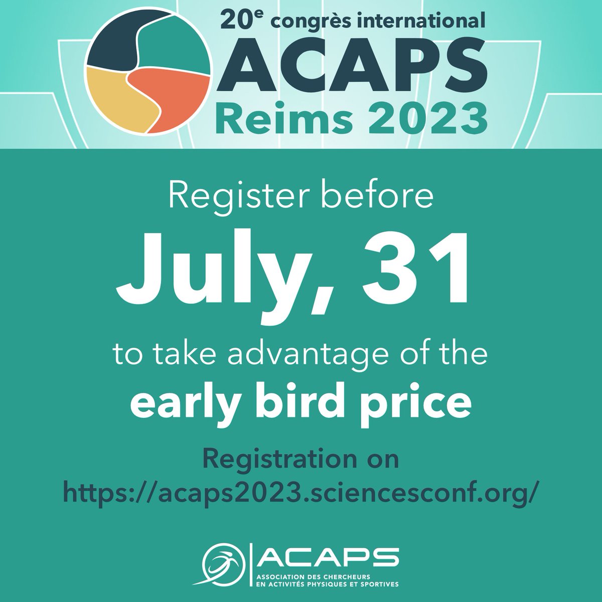 ACAPS Reims 2023 (@acaps2023) on Twitter photo INSCRIPTION
Il vous reste quelques jours pour vous inscrire au congrès ACAPS 2023 en profitant du tarif préférentiel.
Après le 31 juillet, l'inscription sera au tarif plein.
Tarifs et inscriptions sur :
acaps2023.sciencesconf.org/univ
<a href="/universitereims/">Université de Reims Champagne-Ardenne</a> <a href="/LaboratoirePsms/">Laboratoire PSMS</a> <a href="/ACAPS_asso/">ACAPS</a> INSCRIPTION
Il vous reste quelques jours pour vous inscrire au congrès ACAPS 2023 en profitant du tarif préférentiel.
Après le 31 juillet, l'inscription sera au tarif plein.
Tarifs et inscriptions sur :
acaps2023.sciencesconf.org/univ
<a href="/universitereims/">Université de Reims Champagne-Ardenne</a> <a href="/LaboratoirePsms/">Laboratoire PSMS</a> <a href="/ACAPS_asso/">ACAPS</a>