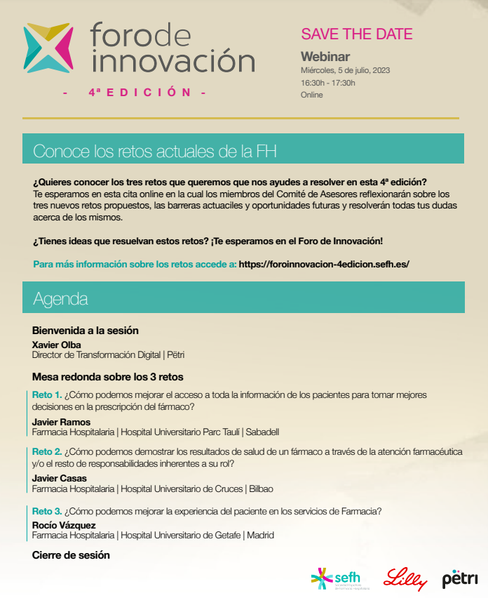 ¿Quieres conocer los tres retos del #foroinnovacionsefh?

📢El próximo miércoles 5 de julio a las 16.30h, os invitamos al webinar 'Retos del IV Foro de Innovación SEFH'

Link de inscripción (abierto a socios y también a ‼no socios de la SEFH) 👉🏻 us06web.zoom.us/webinar/regist…