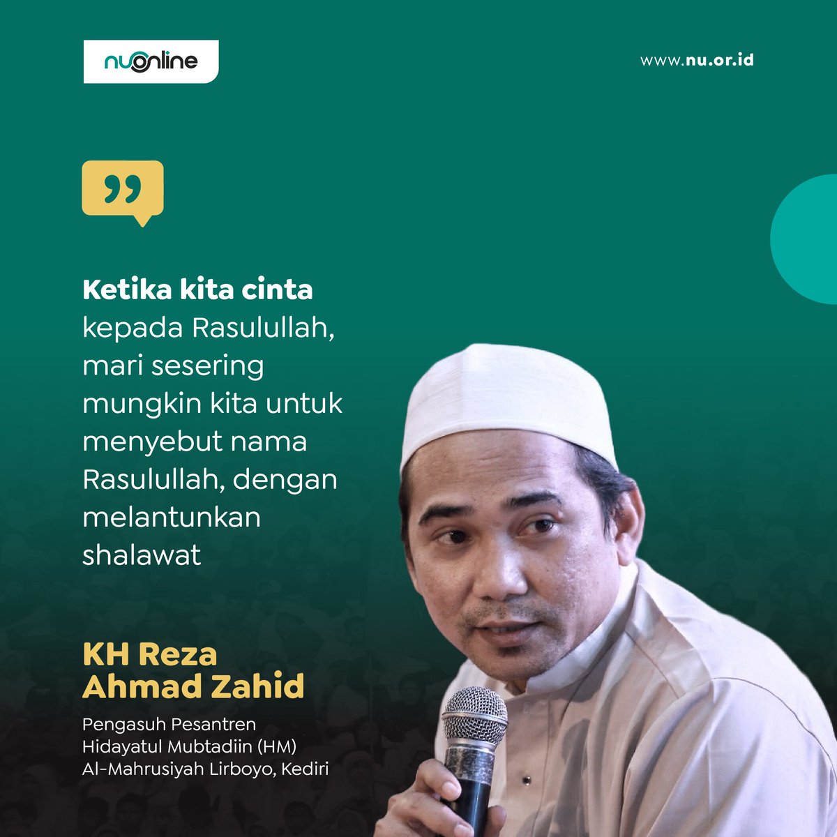 "Ketika kita cinta kepada Rasulullah, mari sesering mungkin kita untuk menyebut nama Rasulullah, dengan melantunkan shalawat," (KH Reza Ahmad Zahid)

#nahdlatululama #nuonline #quote #quotes #kalamulama #ulama #gusreza #lirboyo