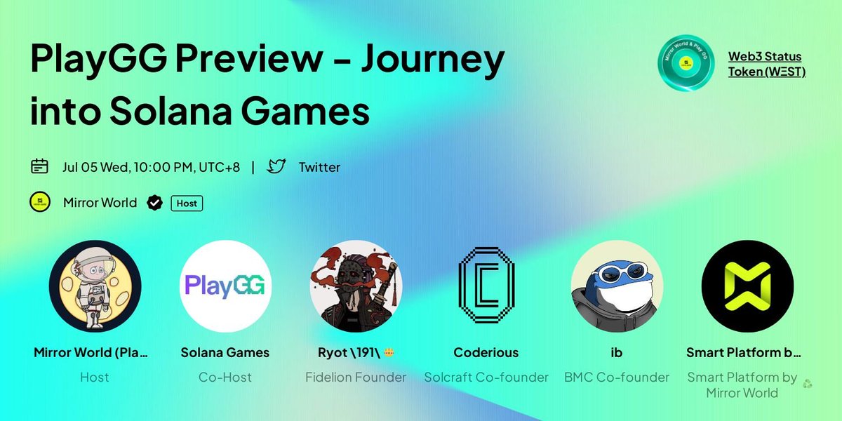 SonicSVM's tweet photo. #PlayGG Preview Space- Journey into Solana Blockchain Games 

🎮 Be sure to check out our game space about PlayGG with @solanagames_gg
⏰ Date : 2023/07/5, 10 AM EST/2 PM UTC/10PM UTC+8
🎤 Guests: @FidelionNFT, @solcraftgame, @BMCGamesPortal

Join at 7.05: https://t.co/JG9VbVsubm https://t.co/W7JCqhQltr