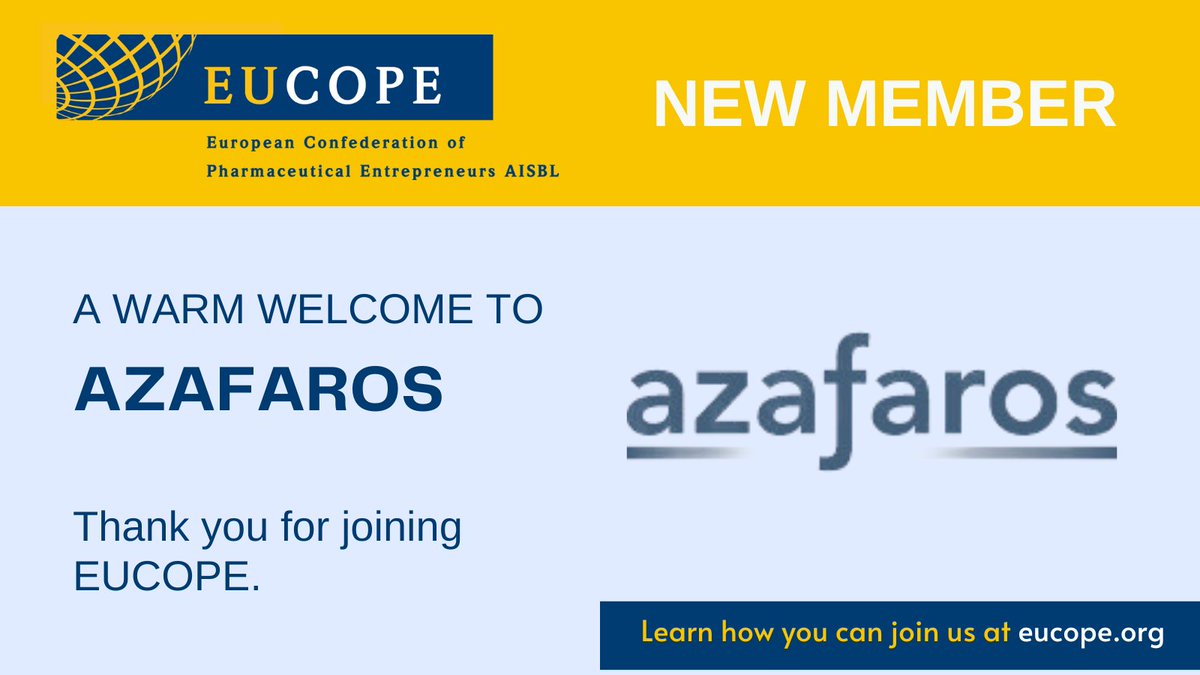 😀We are happy to welcome @azafaros as the latest member to join EUCOPE

🎯#Azafaros is a Dutch-based clinical-stage #biotech company working on building a pipeline of disease-modifying therapeutics for people living with severe rare genetic diseases. #MembershipMatters