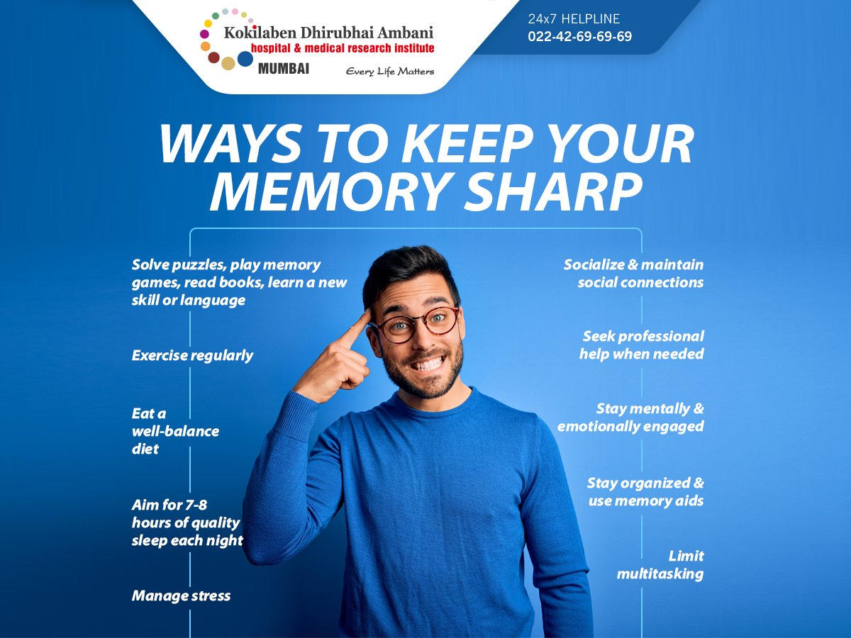 KDAHMumbai's tweet photo. Keeping your memory sharp is important for overall cognitive function and maintaining mental agility. Here are some strategies and lifestyle choices that can help enhance and preserve memory. #shaprmemory #boostmemory #healthyhabits #healthybrain #brainhealthtips https://t.co/DgPkIi2uZj