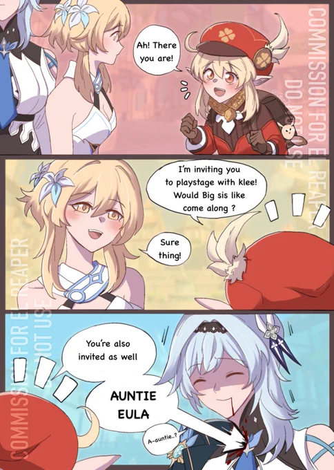 Klee , Her big sis and…Her auntie
Comic commission for El Reaper!

#Lumine #Eula #Klee #Genshin 