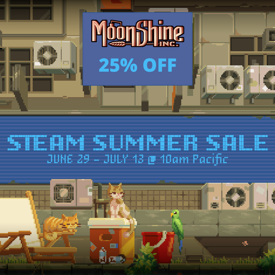 #SteamSummerSale2023 is heating well right now. 
And because of that, we've got #MoonshineInc. on <a href="/Steam/">Steam</a> on -25% sale! 

🏷️💲 Jump on the #Steam page: bit.ly/moonshine-steam

#SummerSale #SteamSummerSale #GameSale