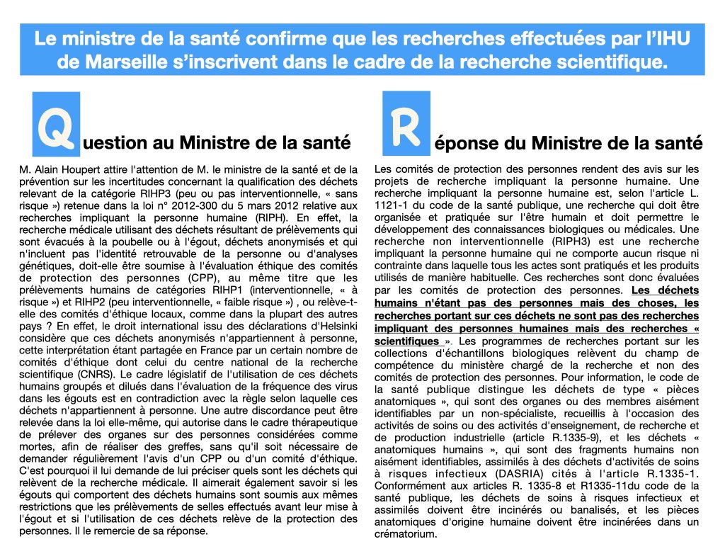 À ma question sur les expériences réalisées par l’IHU de Marseille et <a href="/raoult_didier/">Didier Raoult</a> sur les déchets, le ministre confirme que ces données ne relèvent pas de la recherche médicale. Ce sont des choses et les recherches sur des choses ne posent pas de problème d’éthique.