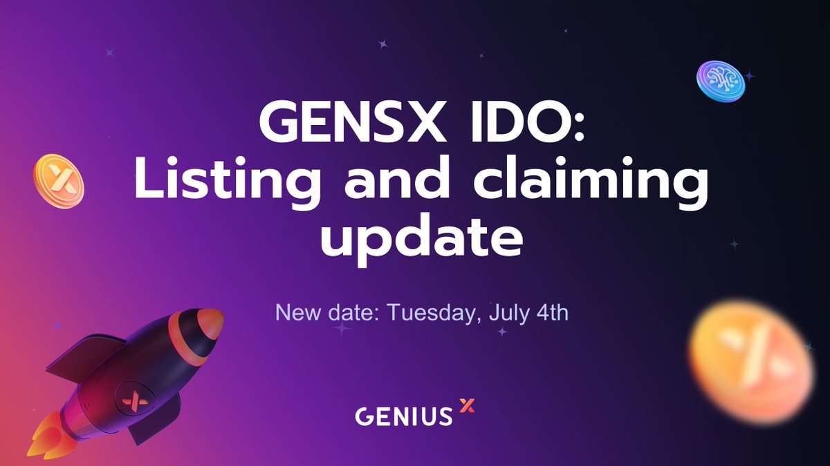 📢 $GENSX IDO Claiming & Listing UPDATE! Due to technical issues we have to delay the $GENSX claiming and listing by 24 hours. Listing On #Cardano & #Arbitrum 📅 July 4th, 13:00 UTC 📍Minswap and Uniswap Claiming time remains the same on all Launchpads: July 4th 13:15 UTC