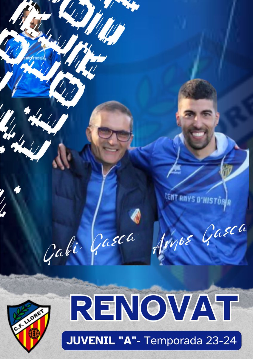 cf_lloret's tweet photo. ✍️ JUVENIL A: COS TÈCNIC

@AmosGasca tornarà a dirigir una temporada més el Juvenil A, que enguany, per primera vegada en la història del club, competirà en la Lliga Nacional. Amb ell, no hi faltarà en @gabigaska, en les funcions d'assistent tècnic.

#AmuntLloret #EnsHoPassaremBé https://t.co/FYdEUo3odZ