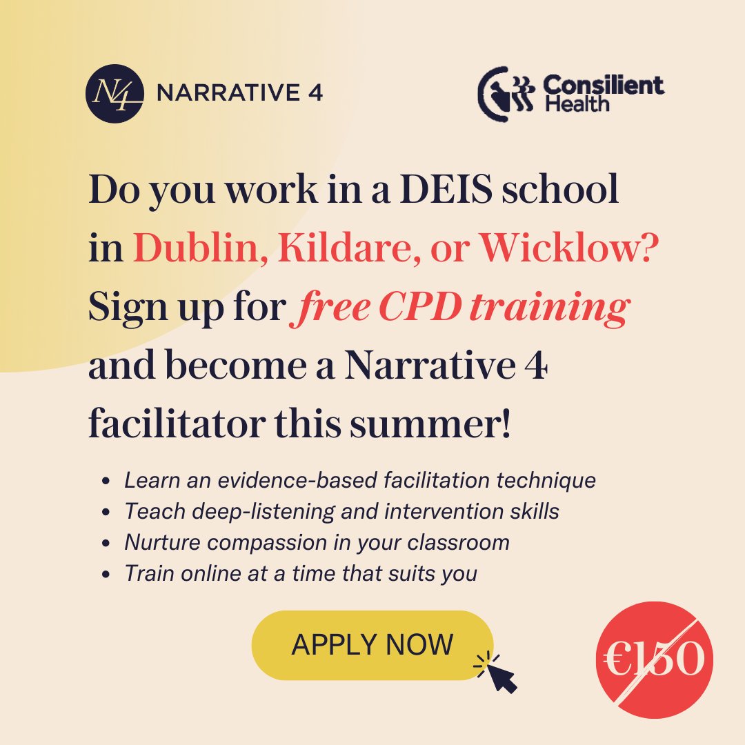 Narrative4_IRL's tweet photo. We're offering FREE CPD TRAINING SPACES to teachers in DEIS schools! 👏
Learn to foster wellbeing, deep listening, and compassion in your classroom💜 In partnership with @IYFcharity 
To register for a free training space, quote DEIS when you sign up! 👉https://t.co/jtkhGvQ1Fg https://t.co/KH5Jd5NA9A