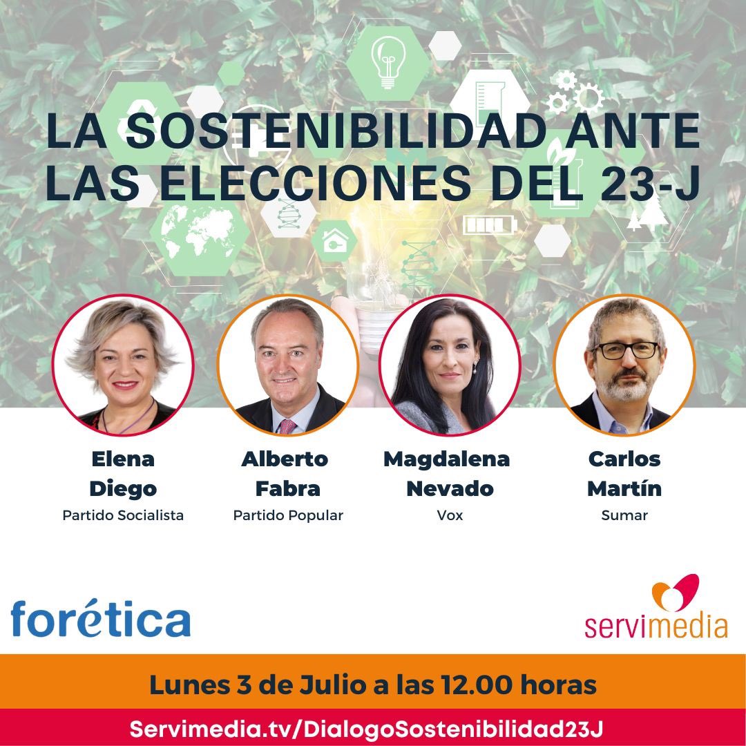 En estos momentos,en <a href="/Servimedia/">Servimedia</a>,en colaboración con <a href="/foretica/">Forética</a>,encuentro “La #Sostenibilidad ante las Elecciones del #23J'.Con representantes del <a href="/PSOE/">PSOE</a>, <a href="/ppopular/">Partido Popular</a>, <a href="/vox_es/">VOX 🇪🇸</a> y @Sumar. La #Sostenibilidad en la #agenda.Enhorabuena a los equipos de <a href="/foretica/">Forética</a> y <a href="/Servimedia/">Servimedia</a> 👏👏👏