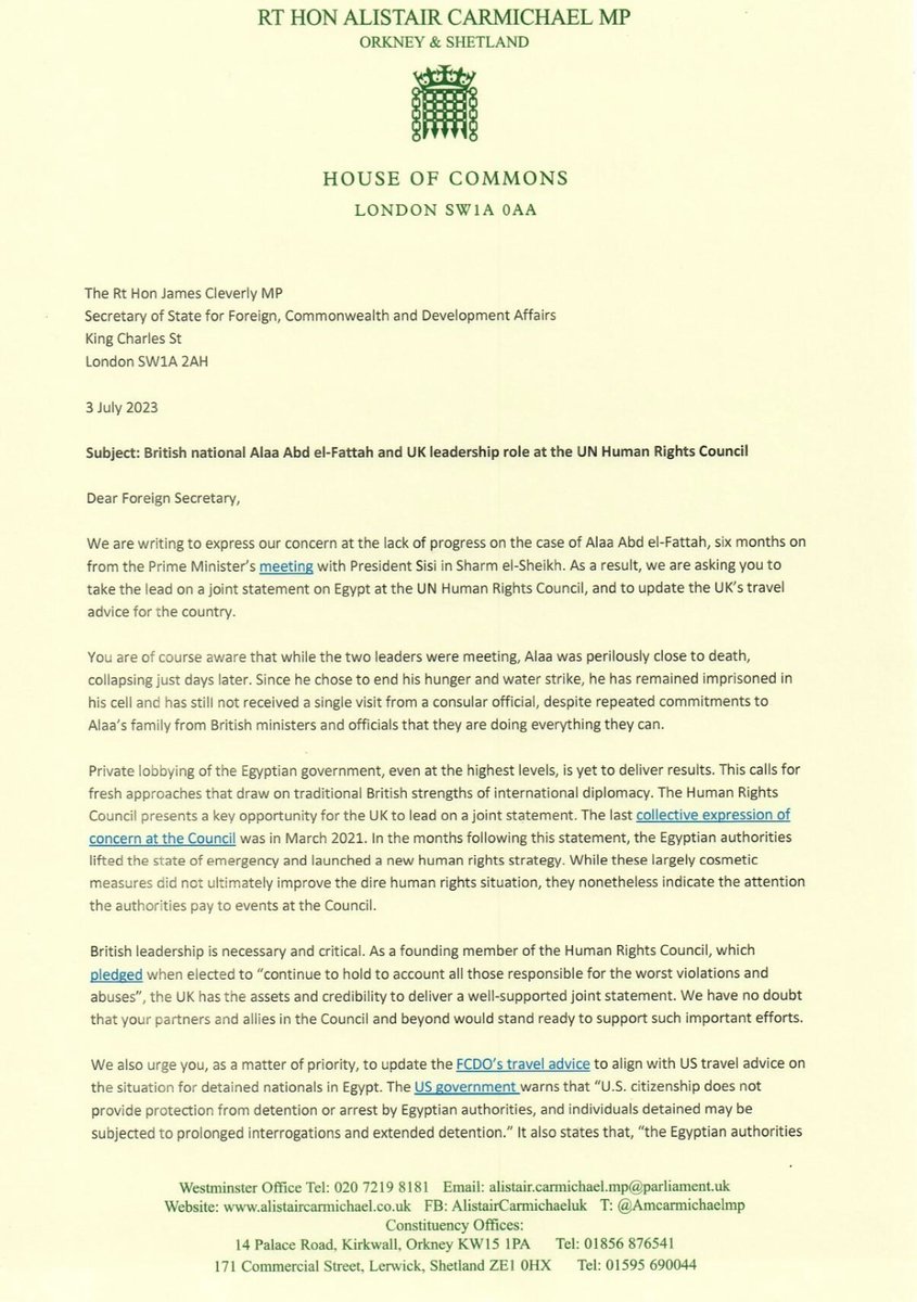 Caabu's tweet image. Over 100 UK Parliamentarians lay out practical steps Foreign Office can take to help free imprisoned British-Egyptian writer, Alaa Abd el-Fattah 

#freealaa @FreedomForAlaa  caabu.org/news/news/over…