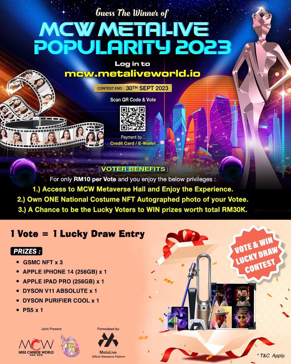 MetaLiveWorld's tweet image. MCW MetaLive Popularity 2023”的投票现已开始❗️

如何投票❓
登录官方投票网站🌐：mcw.metaliveworld.io
每次投票只需RM10，您可以为多个决赛选手投票。