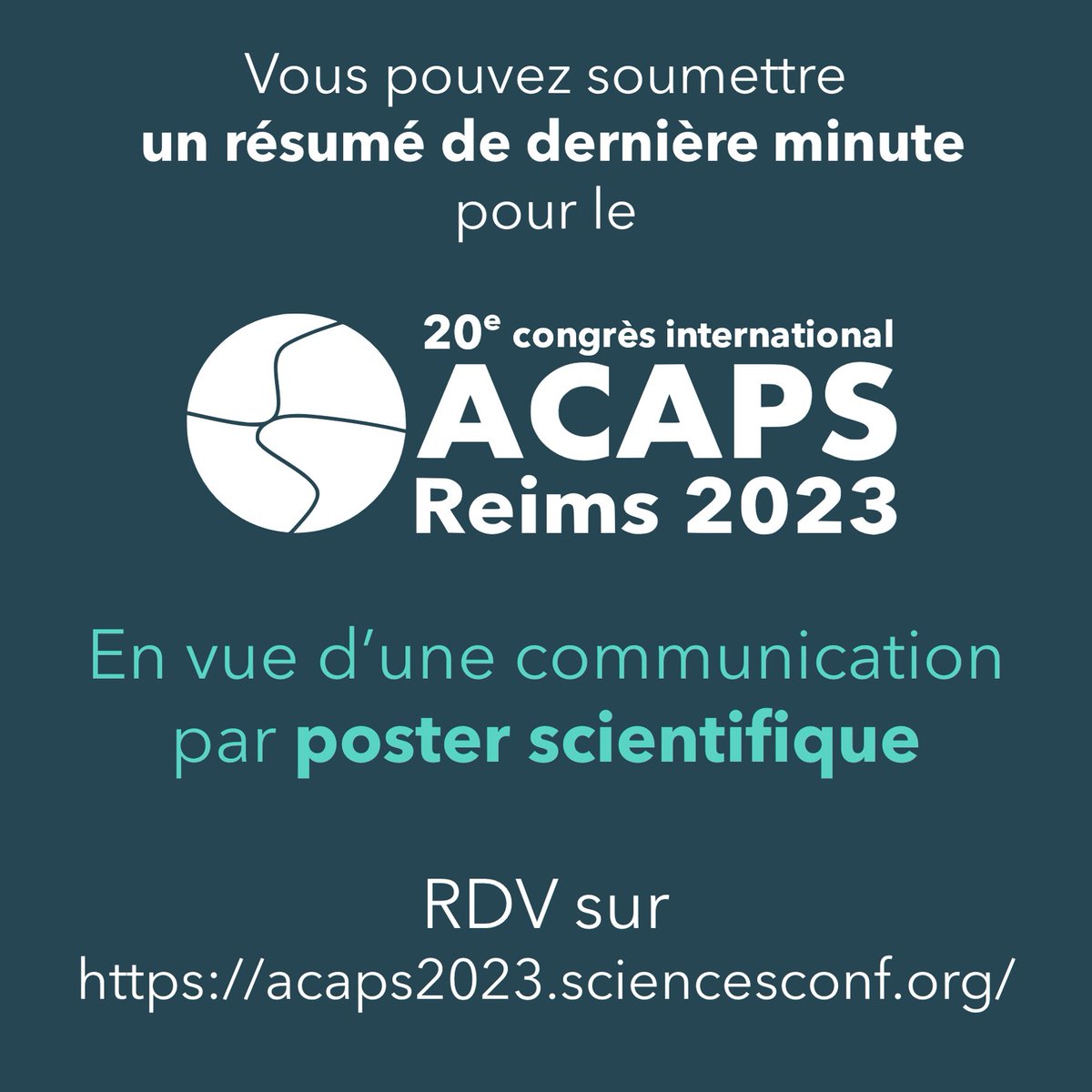 ACAPS Reims 2023 (@acaps2023) on Twitter photo APPEL A COMMUNICATION PROLONGE
Il est encore possible de soumettre un résumé pour le congrès ACAPS2023 !
Soumettez votre résumé de dernière minute jusqu'au 18 août sur :
acaps2023.sciencesconf.org
pour présenter votre poster.
<a href="/universitereims/">Université de Reims Champagne-Ardenne</a>
<a href="/LaboratoirePsms/">Laboratoire PSMS</a>
<a href="/ACAPS_asso/">ACAPS</a> APPEL A COMMUNICATION PROLONGE
Il est encore possible de soumettre un résumé pour le congrès ACAPS2023 !
Soumettez votre résumé de dernière minute jusqu'au 18 août sur :
acaps2023.sciencesconf.org
pour présenter votre poster.
<a href="/universitereims/">Université de Reims Champagne-Ardenne</a>
<a href="/LaboratoirePsms/">Laboratoire PSMS</a>
<a href="/ACAPS_asso/">ACAPS</a>