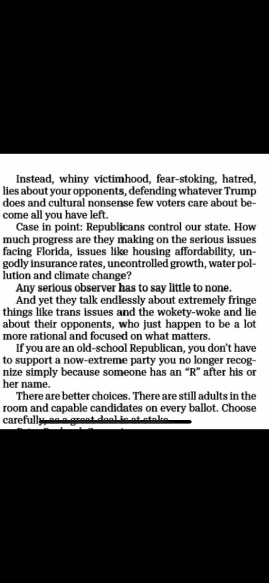 Cathy2NotToday's tweet photo. Excellent letter to the editor  Sarasota 

Author is speaking to what I believe is the silent majority of Rep voters — the moderates 

His commentary addresses both trump &amp; the abdication /abuse of power by  Desantis/Scott/FLGOP legis who have done *nothing to address OUR needs https://t.co/8KdUXyU3PL