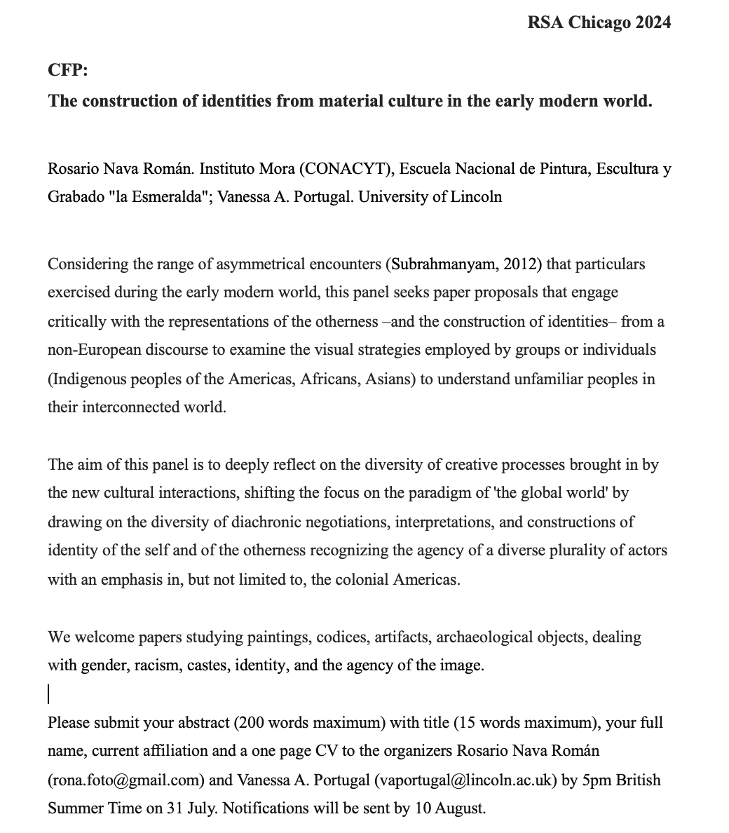 Hey everybody, Rosario and I are organising a panel on identities and material culture in the early modern period for the <a href="/RSAorg/">The Renaissance Society of America</a> Chicago 2024, so if your work  deals with gender, racism, castes, identity, send us your paper proposal! It will be a great conversation.
