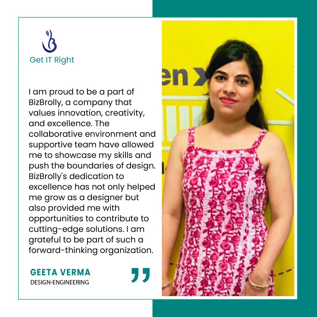 A Journey of Growth and Meaningful Connections at BizBrolly Solutions.
🗣 Hear it from Geeta Verma, one of our dedicated employees, as she shares her heartfelt feedback about her experience working with us. 
.
.
#BizBrollySolutions #GetItRight #testimonial#employeetestimonial