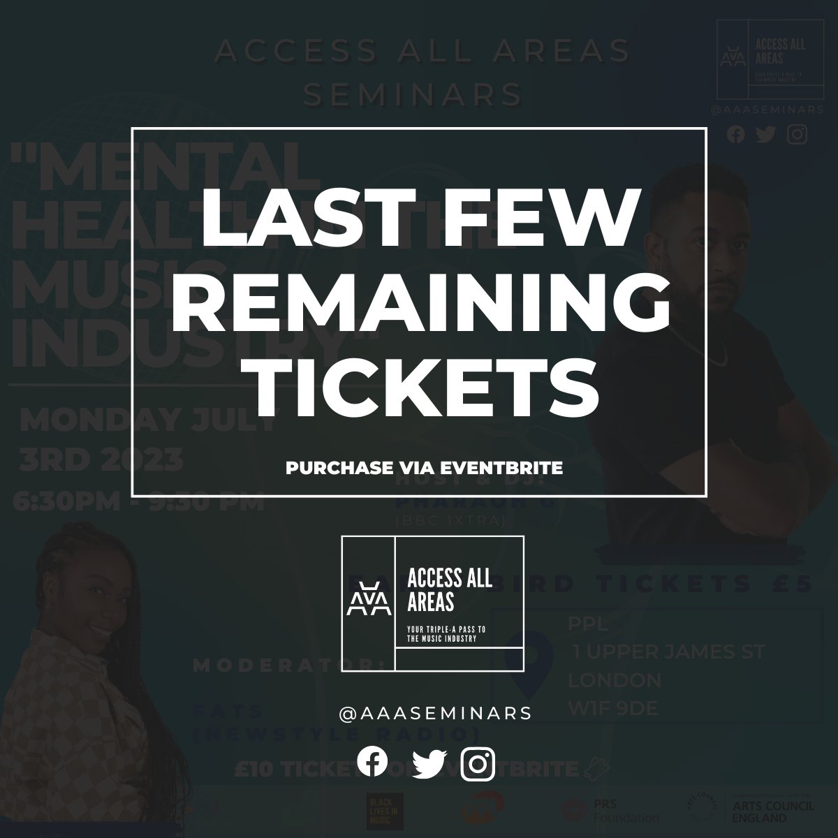 AAAseminars's tweet photo. 🚨2NITE LIMITED TIX LEFT🚨 #AccessAllAreas x @BLKLivesinMusic @PPLUK DOORS OPEN 630pm #MentalHealth in #MusicBiz special!
6 top panelists 3 live PAs from AAA Artist Development Program hosted by @DJPharaohG & mod #FatsMoeva
Tix £5 with code TRIPLEA via: https://t.co/3RnZCApA3G https://t.co/T9XsKna1yz