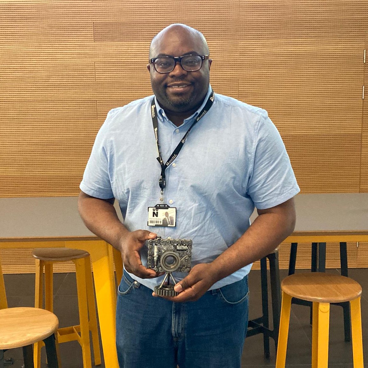 🏆 We've had lots of interest in our Merged Futures award trophies, modelled here by one of our winners, <a href="/PSeuwou/">Patrice Seuwou</a>

🤩 These fantastic trophies were made by local company <a href="/notweirdhonest/">notweirdjustdifferent</a>

#MergedFutures5