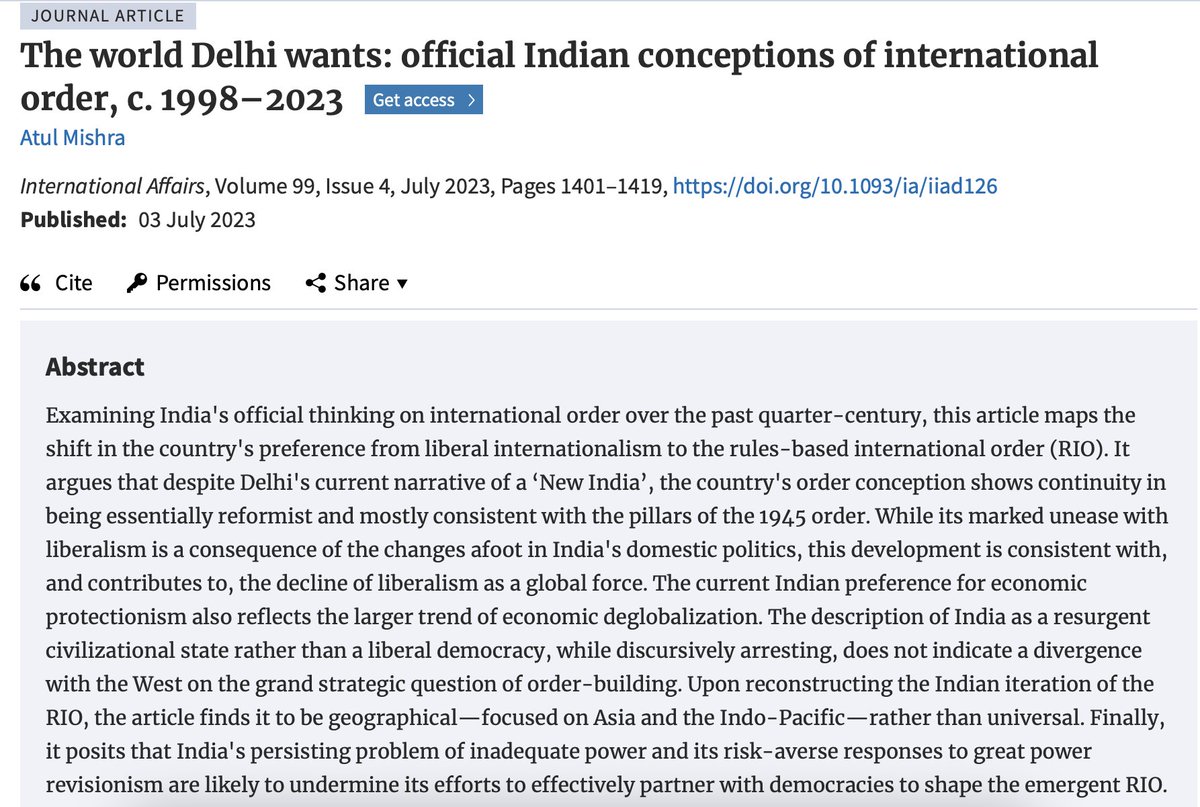 Glad to announce publication of my paper in the latest <a href="/IAJournal_CH/">International Affairs</a> issue; it examines 25 years of official Indian thinking on international orders. Part of a special section of the journal edited by <a href="/BajpaiKanti/">Kanti Bajpai</a> &amp; <a href="/EvanLaksmana/">Evan A. Laksmana</a>. 

doi.org/10.1093/ia/iia…
