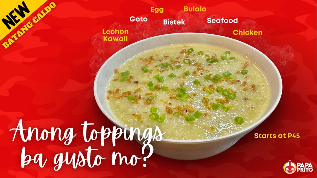 Papprito's tweet photo. Ikasa na ang kwarenta'y singko at i-tag niyo tropa niyong batang caldo.🥣♨️

UNLIMITED ARROZ CALDO

Order now thru 09231434459, GrabFood or foodpanda! Available also via dine-in and takout.

#UnlimitedArrozCaldo #ArrozCaldo
#LasapAngPinoySarap
#ILovePapaPrito❤️💛 https://t.co/0om9KTQ3lP