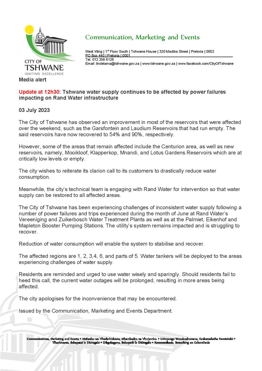 #WaterSupplyUpdate: Tshwane water supply continues to be affected by power failures impacting on Rand Water infrastructure