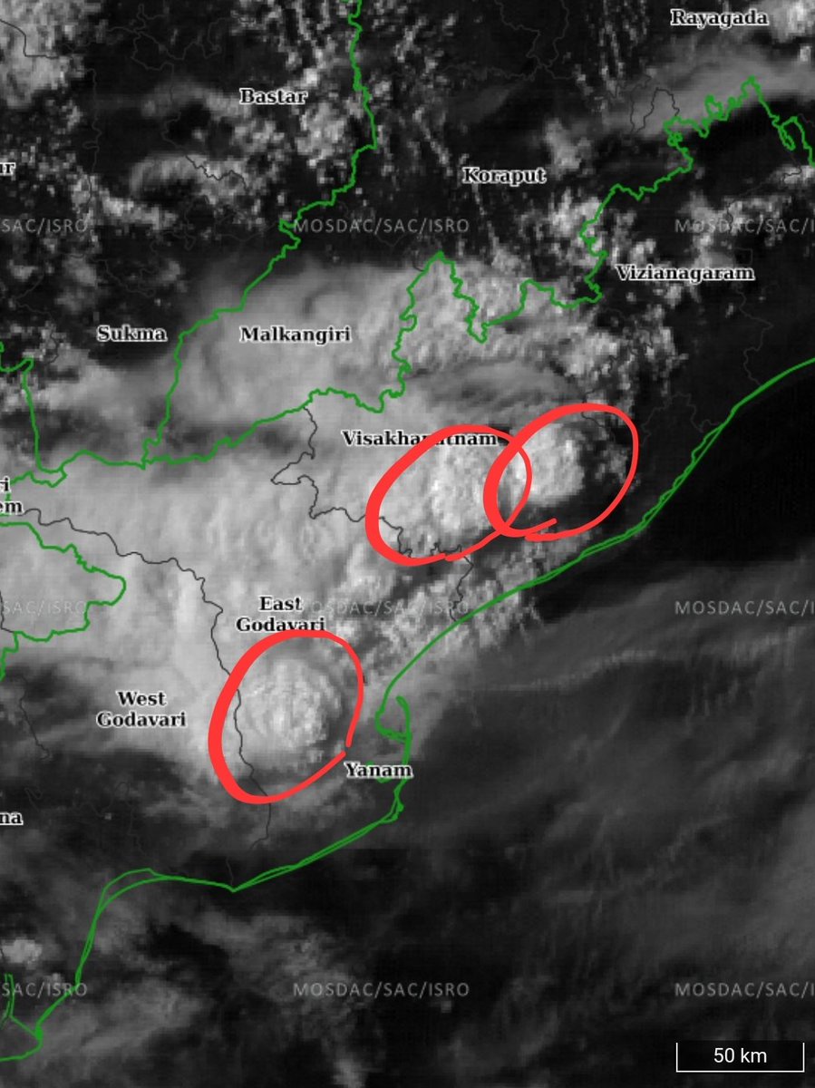 Powerful #thunderstorms with their visible cloudtops seen from satellite picture over East Godavari, Kakinada and Anakapalle districts of #AndhraPradesh