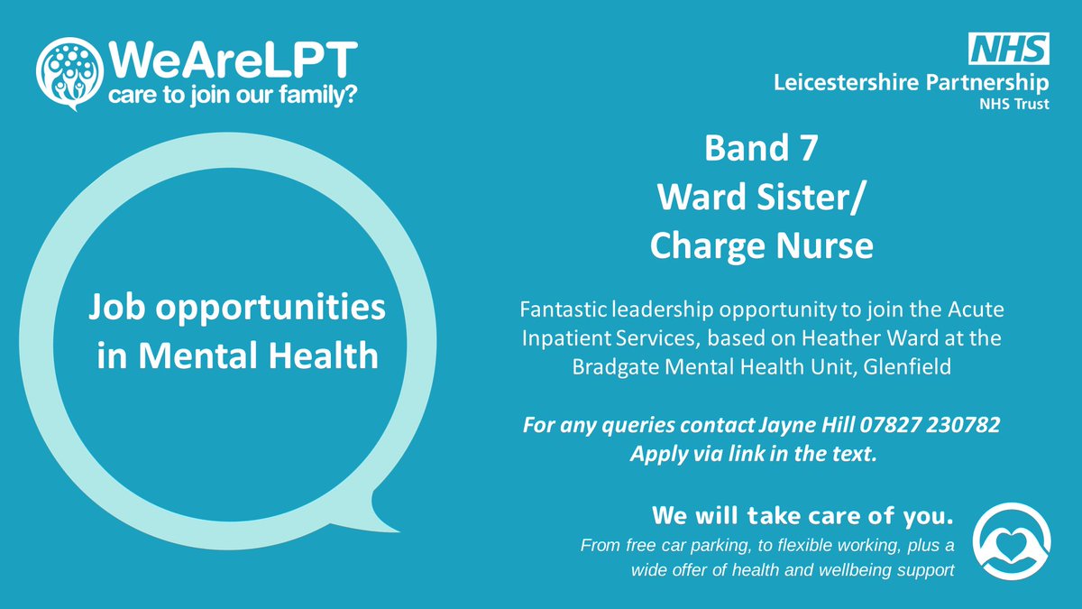 ⭐Brilliant leadership opportunity for an experienced Nurse to join DMH at <a href="/LPTnhs/">Leicestershire Partnership NHS Trust</a>  as a Band 7 Ward Sister/Charge Nurse⭐
👀Find out more by clicking on this link or contacting Jayne Hill - details in image.
👇 Click here to apply: jobs.nhs.uk/candidate/joba…