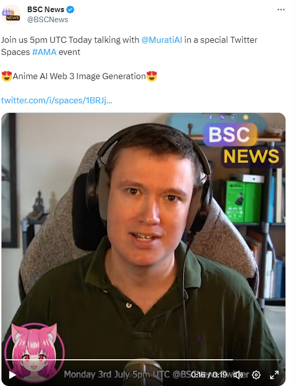 Join us 5pm UTC Today talking with <a href="/BSCNews/">BSCN</a> in a special Twitter Spaces #AMA event 🔥🔥

x.com/i/spaces/1BRJj…

#MuratiAI