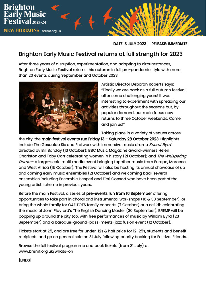 Brighton Early Music (@brightonemf) on Twitter photo 2023 Season Announced! 21 events around the city coming up in September & October feat <a href="/TheGesualdoSix/">The Gesualdo Six</a> <a href="/FretworkViols/">FRETWORK</a> @barclayarts <a href="/LiturinaMusic/">Liturina</a> <a href="/FieriConsort/">Fieri Consort</a> @EnsembleHesperi <a href="/helencharlston/">Helen Charlston</a> @SuorAnonima <a href="/KWhiteTenor/">Kieran White</a> @rebecca_leggett <a href="/theoae/">OAE</a> and more >> bremf.org.uk/whats-on 2023 Season Announced! 21 events around the city coming up in September & October feat <a href="/TheGesualdoSix/">The Gesualdo Six</a> <a href="/FretworkViols/">FRETWORK</a> @barclayarts <a href="/LiturinaMusic/">Liturina</a> <a href="/FieriConsort/">Fieri Consort</a> @EnsembleHesperi <a href="/helencharlston/">Helen Charlston</a> @SuorAnonima <a href="/KWhiteTenor/">Kieran White</a> @rebecca_leggett <a href="/theoae/">OAE</a> and more >> bremf.org.uk/whats-on