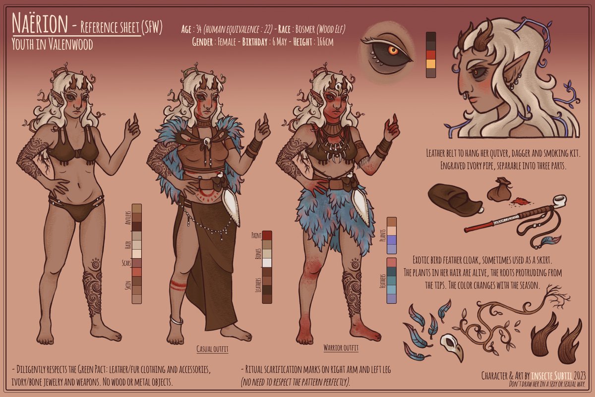 Finally made a reference page for my guuurl 🌺

#art #illustration #digitalart #referencesheet #oc #originalcharacter #bosmer #woodelf