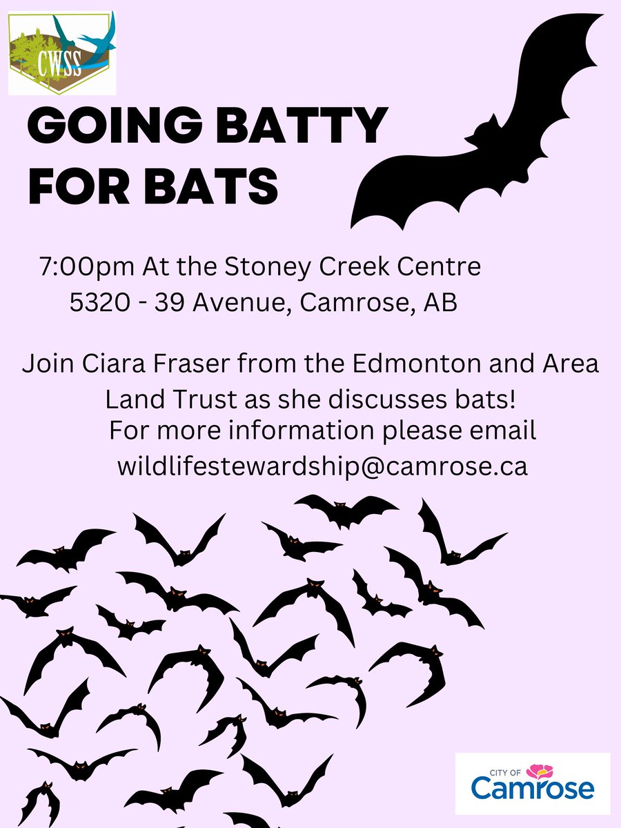 Join Ciara Fraser from the Edmonton and Area Land Trust as she gives a presentation on bats at the Stoney Creek Centre.

This FREE presentation is brought to you by the Camrose Wildlife Stewardship Society
