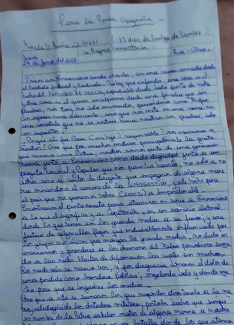 NoticiasBelen's tweet photo. 📰Noticias Matutinas
#Chaco Mediante una carta escrita a mano, Marcela Acuña acusó a su hijo, Cesar Sena por el femicidio de Cecilia .
#Noticias #CeciliaStrzyzowksi #Argentina #CesarSena #MarcelaAcuña https://t.co/awCaL3OyCs