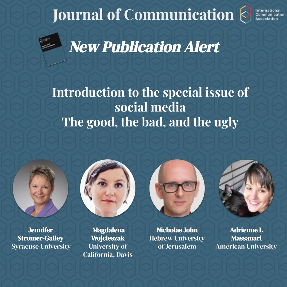 PubAlert! Introducing new <a href="/Journal_Of_Comm/">Journal of Communication</a> piece: “Introduction to the special issue of social media: The good, the bad, and the ugly”, by Jennifer Stromer-Galley, <a href="/mwojcieszak/">Magdalena Wojcieszak</a> , <a href="/NicholasAJohn/">@nik@aoir.social</a> , @hegemonyrules . Read here: doi.org/10.1093/joc/jq…