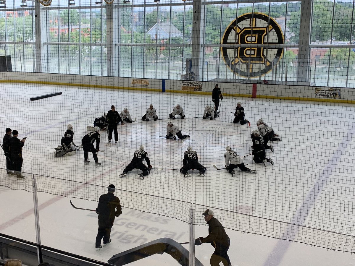 TCalauttis's tweet photo. A little group stretch as we near the end of Group 1’s time at #NHLBruins  development camp https://t.co/UPFOResXgF