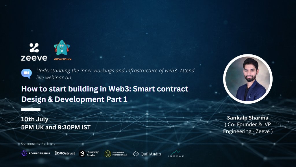 0xZeeve's tweet photo. π Smart Contract Crash Course Alert! π£
π RSVP now: https://t.co/MCIPTR9HWo to learn about Smart Contract Design & Development on the 10th of July.
#Web3Webinar #SmartContracts #Web3Development #BlockchainTechnology #DecentralizedApplications #Web3Titans #InPeak #Zeeve https://t.co/8k4wpdx7Px