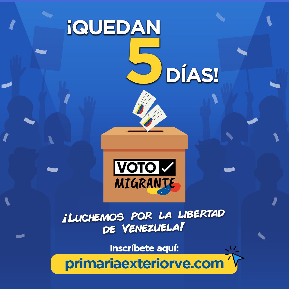 ¡Quedan 5 días!

Venezolanos migrantes es hora de participar y ejercer nuestro voto para la recuperación de la democracia en nuestro país.

El primer paso son las primarias, inscríbete y participa.

primariaexteriosve.com

#VotoMigranteVzla #Primarias2023